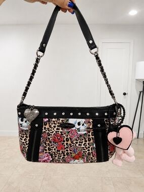 Ed Hardy Leopard Skull Rose‎ Y2K Shoulder Crossbody Bag